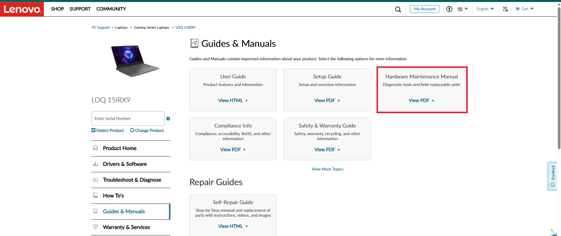 صفحه support لنوو LOQ در سایت رسمی